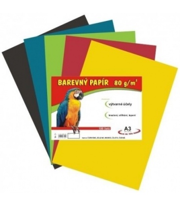 #T3069 farebny-papier-a3-80g-mix-5-farieb-obsahuje-ciernu-farbu-100ks