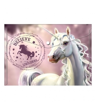 #T10698 junior-believe-in-unicorns-plastova-obalka-a4-s-patentkou-motiv-jednorozec
